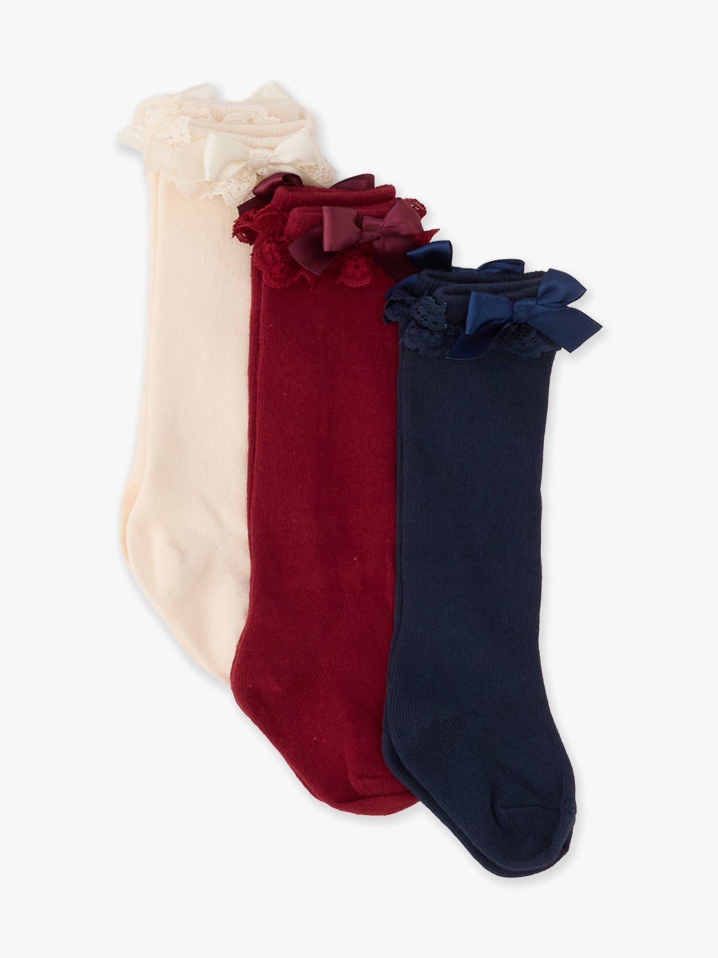 Girls Dark Navy, Ivory, & Dark Cherry 3-Pack Lace Ruffle Bow Knee High Socks