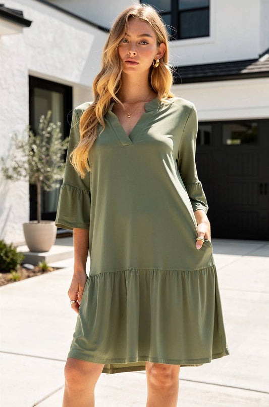 Dear Scarlett Shirred Tiered Relaxed 3/4 Sleeve Dress - Pistachio