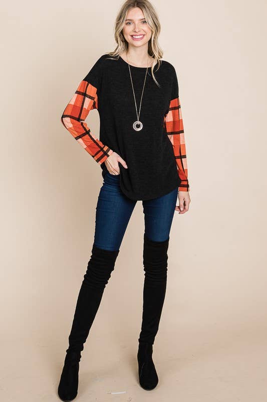 Emerald Plus Size Plaid Sleeve Top