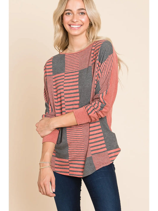 Stripe and Solid Dolman Sleeves Top