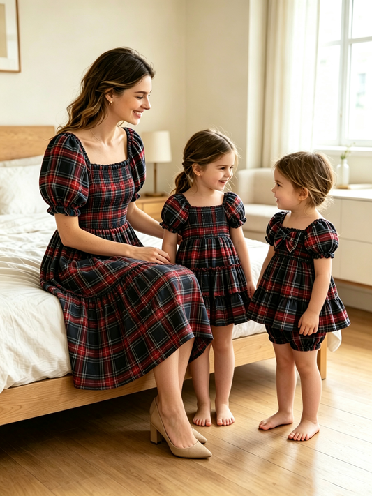 Mommy & Me Christmas Plaid Dresses & Baby Bloomer Set