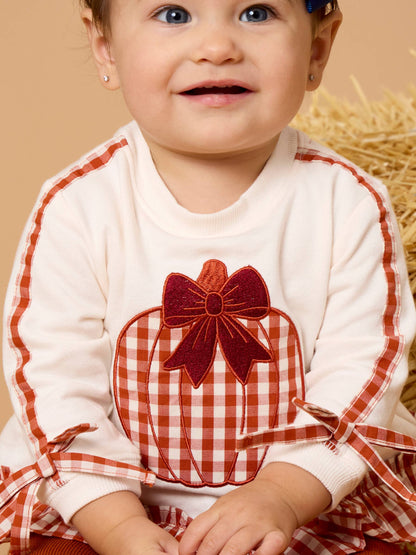Baby Girls Pumpkin Bow Ivory Applique Ruffle Bow Sweatshirt Swing Top & Ruffle Bloomer Set