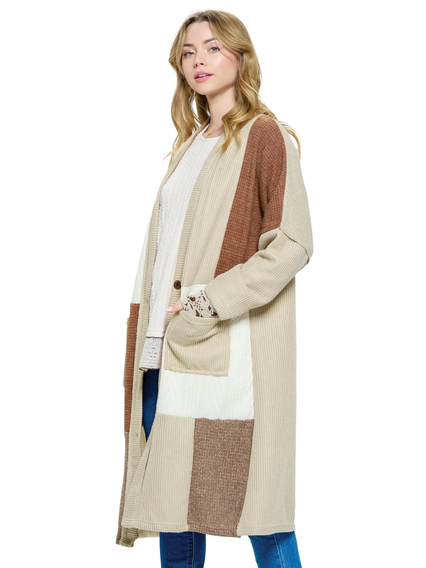 Long Cardigan Knit Colorblock Patchwork