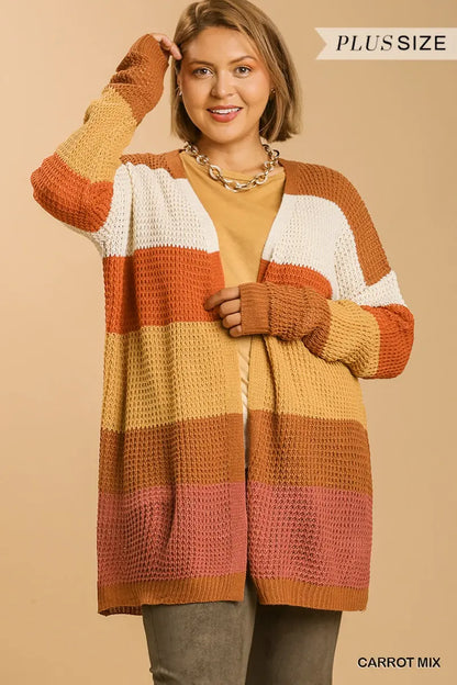 Umgee Plus Striped Long Sleeve Knit Sweater Cardigan - Carrot Mix