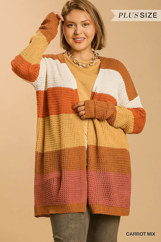 Umgee Plus Striped Long Sleeve Knit Sweater Cardigan - Carrot Mix