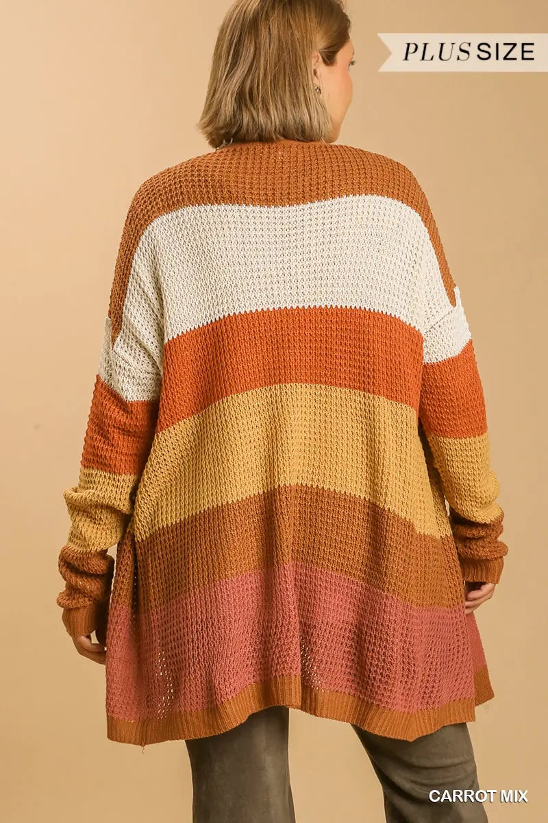 Umgee Plus Striped Long Sleeve Knit Sweater Cardigan - Carrot Mix