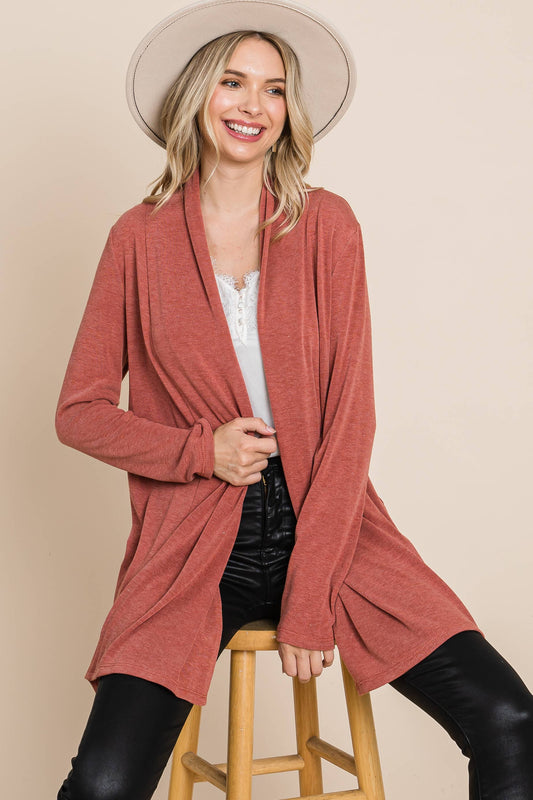 Soft Solid Open Front Cardigan - Rust