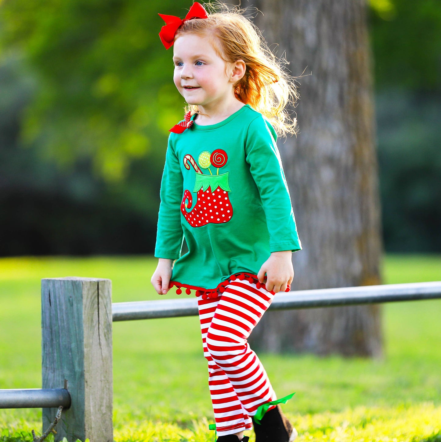 Girls Christmas Clothing Elf Stocking Red Stripe Pants Set