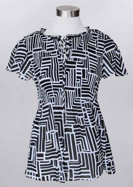 Keren Hart Black and White Abstract Mini Pleat Top