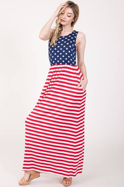 Stars and Striped Maxi Dress with Pockets