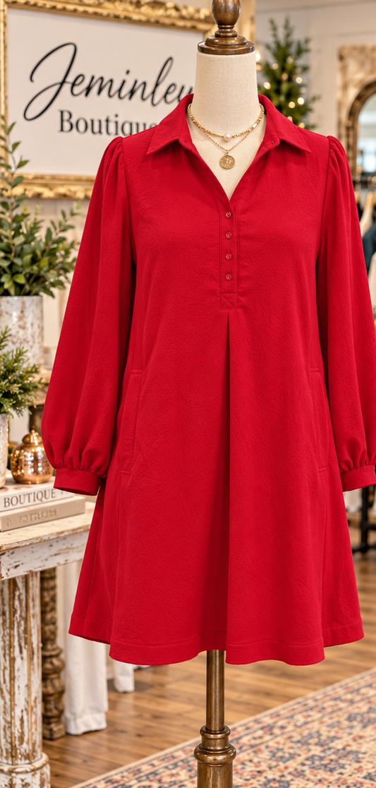 Umgee cherry red floral crinkle jacquard polo dress with V-neckline, balloon sleeves, button-front detail, and side pockets