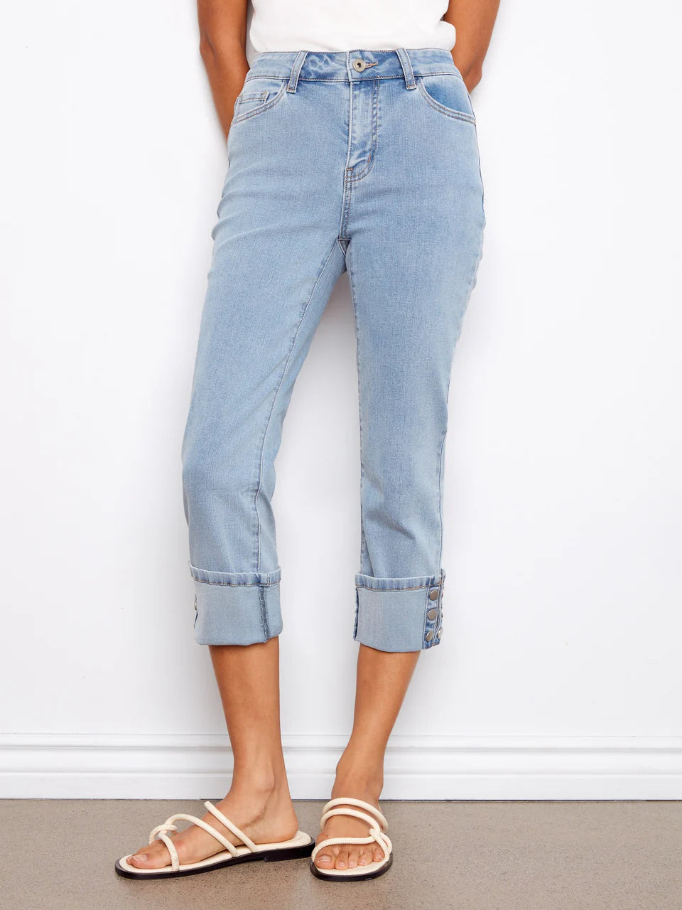 Charlie B Light Blue Cropped Jeans With Snap Button Cuff