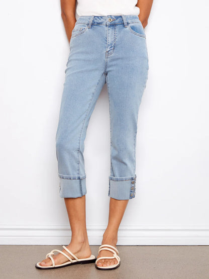 Charlie B Light Blue Cropped Jeans With Snap Button Cuff