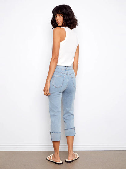 Charlie B Light Blue Cropped Jeans With Snap Button Cuff