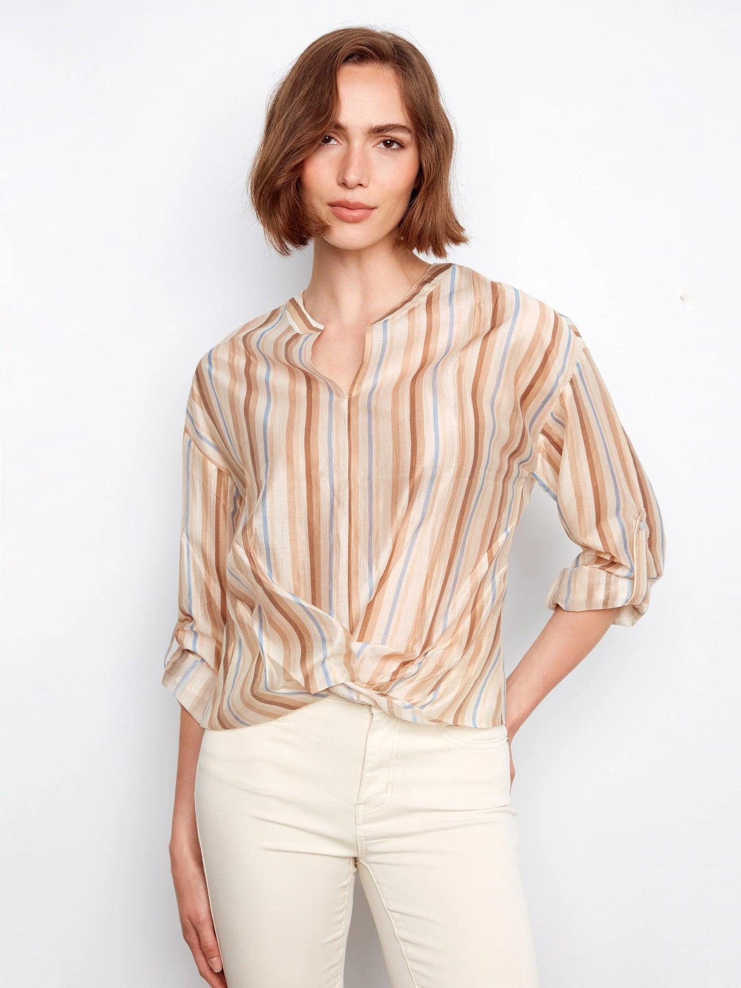 Charlie B Striped Tencel Blouse With Front Twist