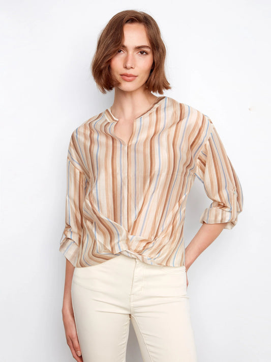 Charlie B Striped Tencel Blouse With Front Twist