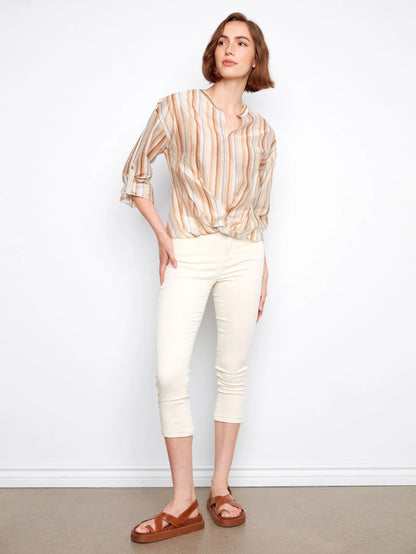 Charlie B Striped Tencel Blouse With Front Twist