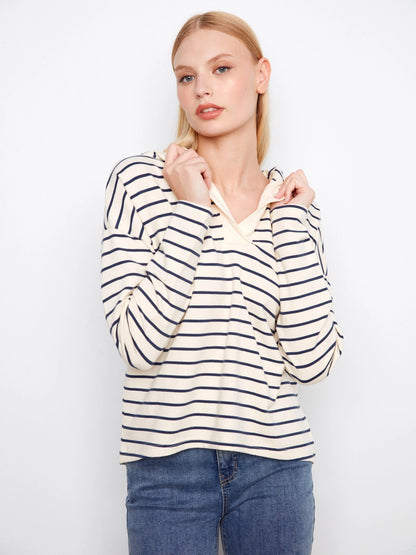 Charlie B V-neck Striped Hoodie - Navy