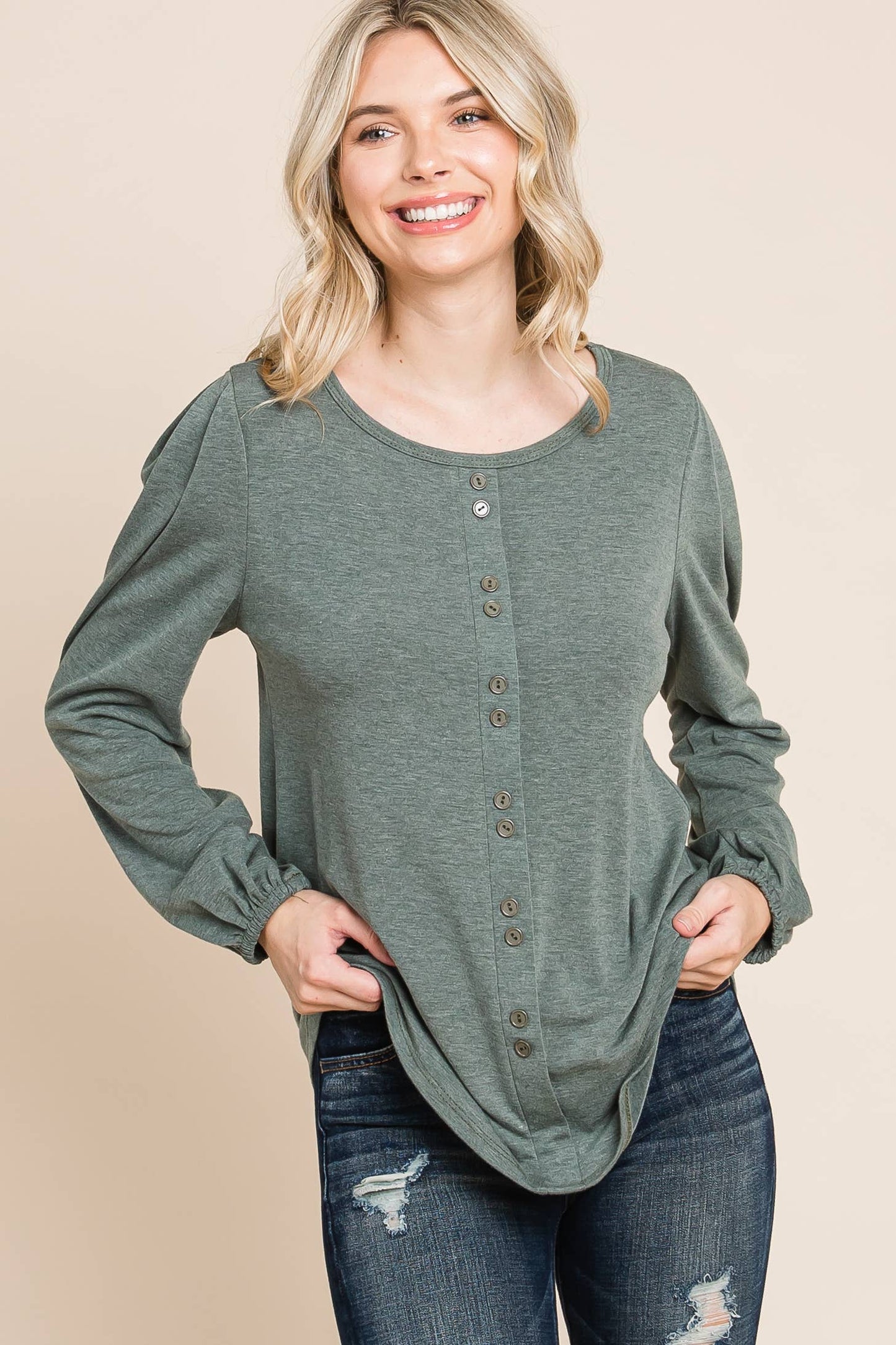 Olive Long Sleeve Top with Front Detail