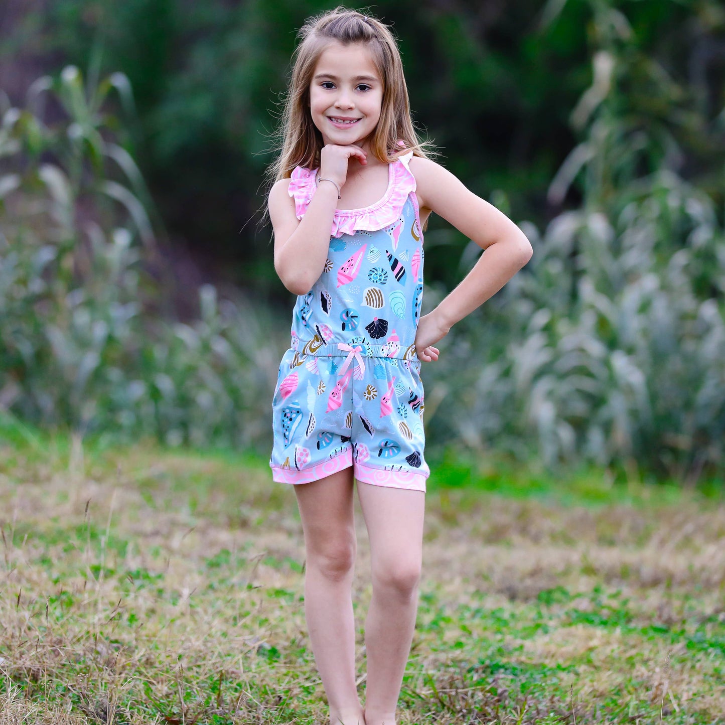 AnnLoren Girls Jumpsuit Shorts Romper Seashell Beach Design