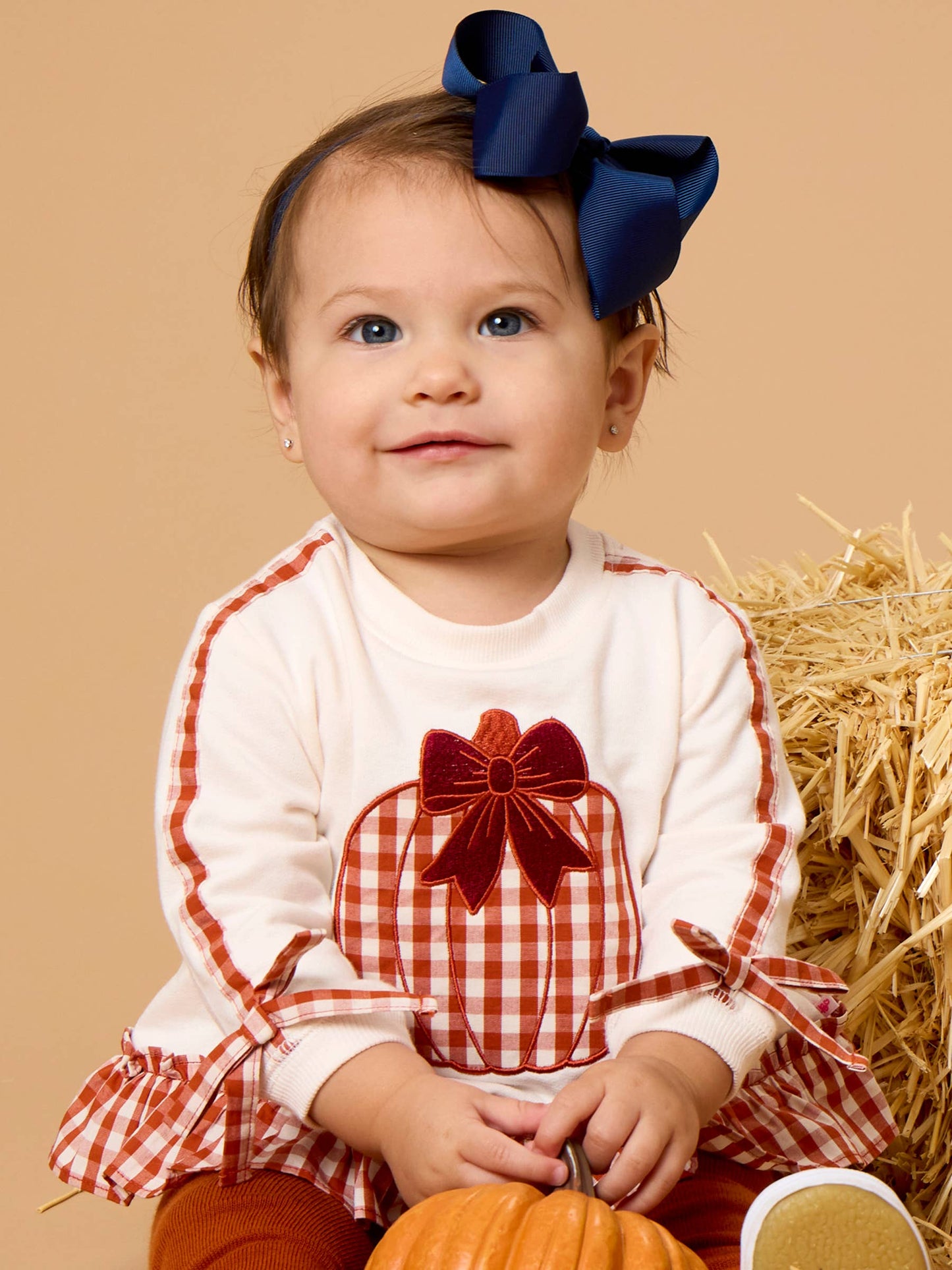 Baby Girls Pumpkin Bow Ivory Applique Ruffle Bow Sweatshirt Swing Top & Ruffle Bloomer Set