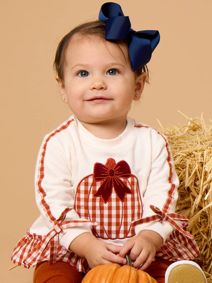Baby Girls Pumpkin Bow Ivory Applique Ruffle Bow Sweatshirt Swing Top & Ruffle Bloomer Set