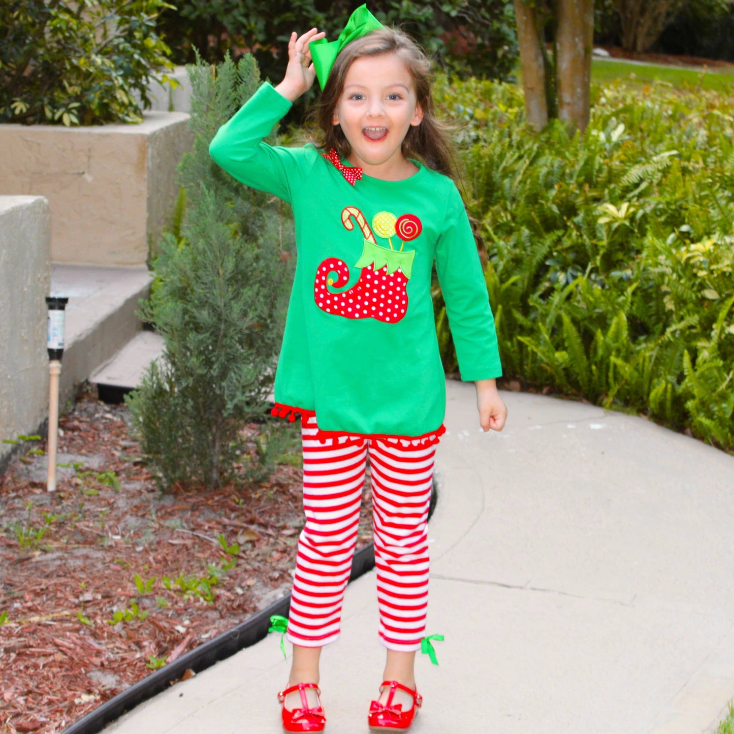 Girls Christmas Clothing Elf Stocking Red Stripe Pants Set