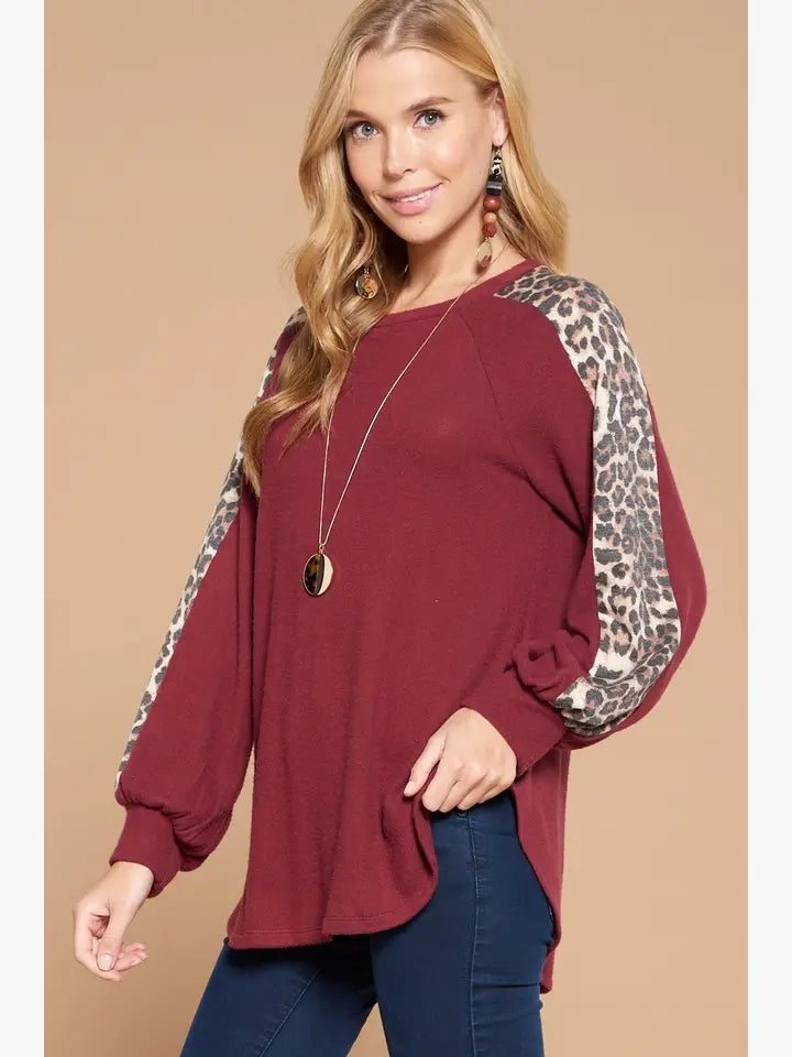 Solid Hacci Brush Tunic Top with Leopard Detail