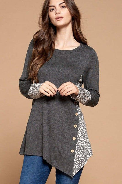 Charcoal Side Button Tunic Top with Animal Print Contrast