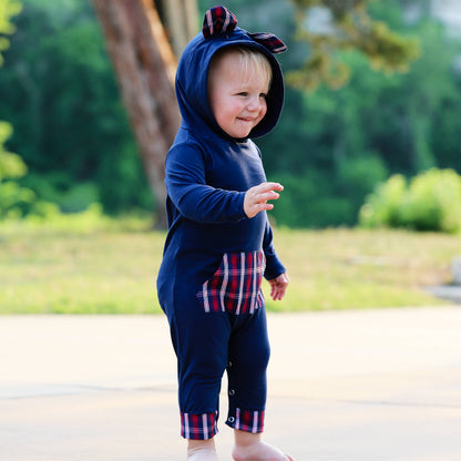 Annloren Teddy Bear Plaid Hoodie Baby Romper