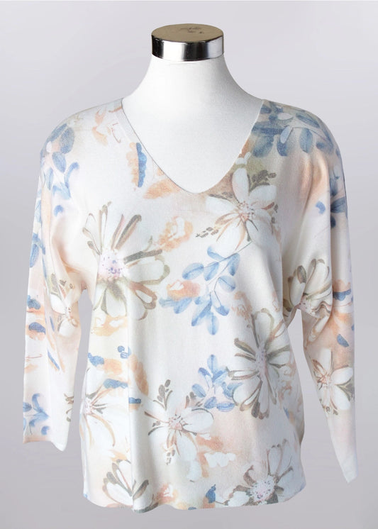 Keren Hart Ivory Floral V-neck 3/4 Sleeve Sweater