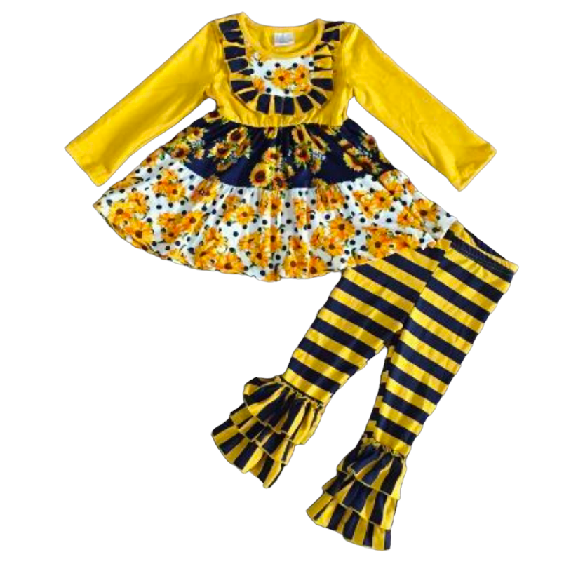 Girls Gold Navy Daisy Shirt & Ruffle legging Pants Clothing