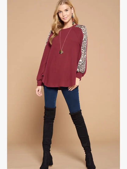 Solid Hacci Brush Tunic Top with Leopard Detail