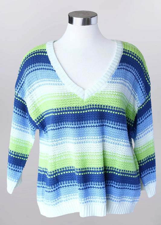 Keren Hart Blue & Lime Striped V-neck Knit Sweater
