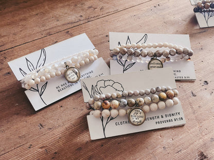Joy of the Lord Stretch Bracelet Stack - Fossil & Agate
