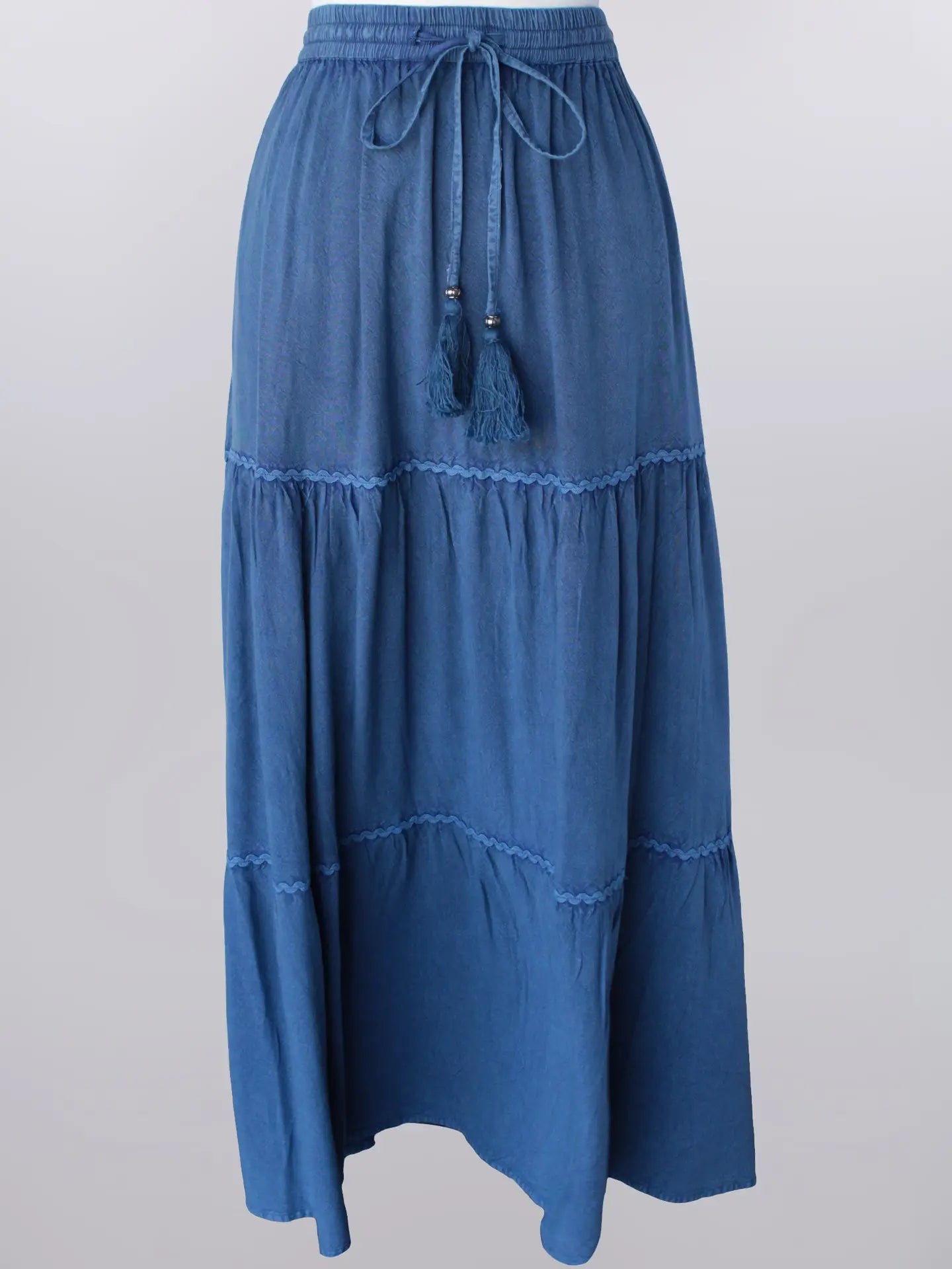 Keren Hart Dark Denim Wash Flowy Tiered Midi Skirt