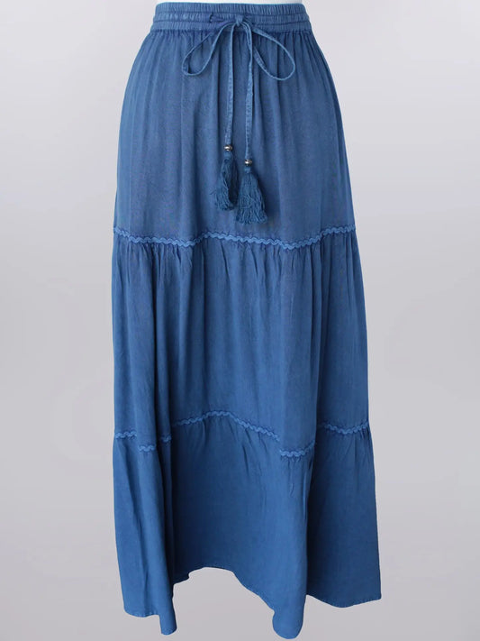 Keren Hart Dark Denim Wash Flowy Tiered Midi Skirt