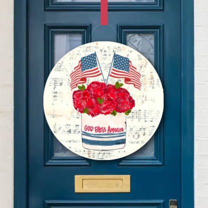 God Bless America Floral Stoneware Door Hanger