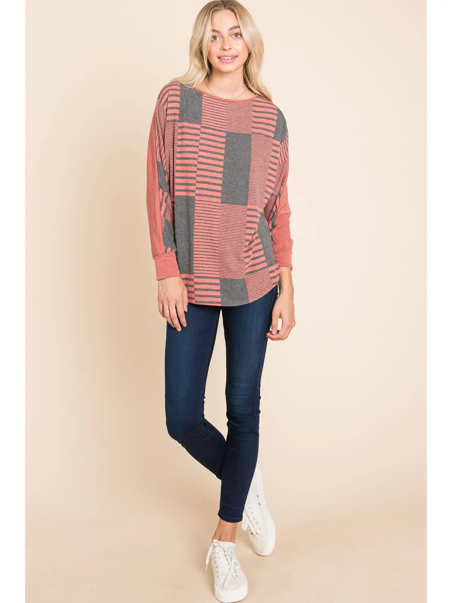 Stripe and Solid Dolman Sleeves Top