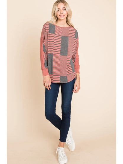 Stripe and Solid Dolman Sleeves Top