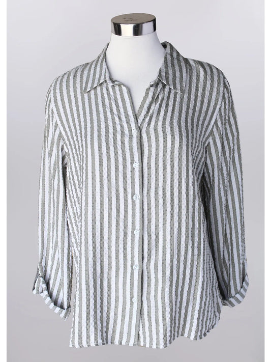 Keren Hart White & Olive Stripe Button Top