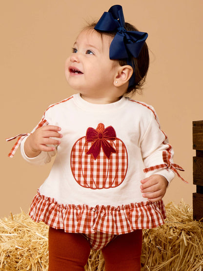 Baby Girls Pumpkin Bow Ivory Applique Ruffle Bow Sweatshirt Swing Top & Ruffle Bloomer Set