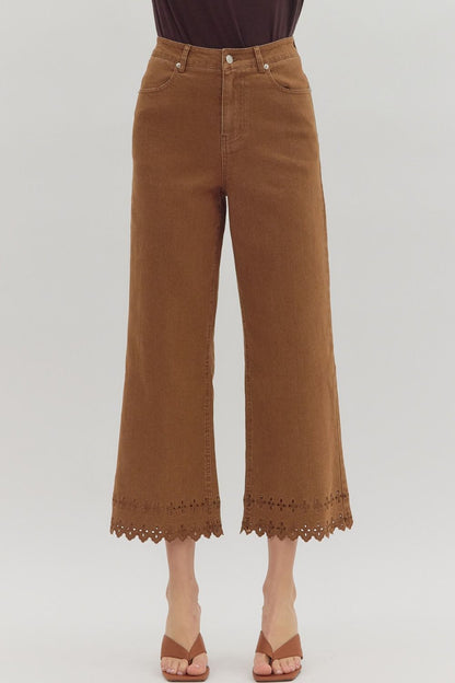 Entro Brown Denim Pants with embroidered hem