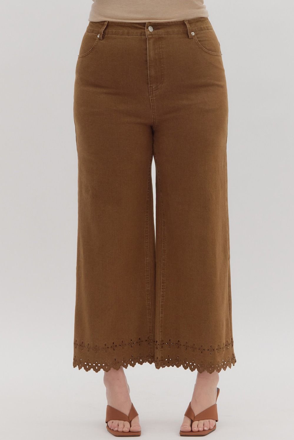 Entro Brown Denim Pants with embroidered hem