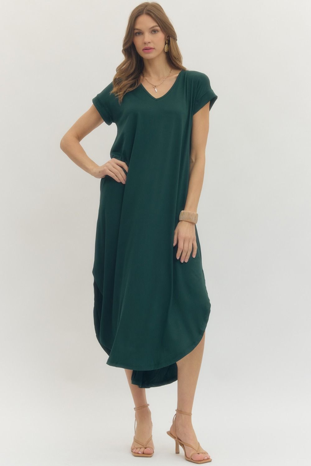 Entro Solid Jersey Knit V-Neck Maxi Dress - Hunter Green