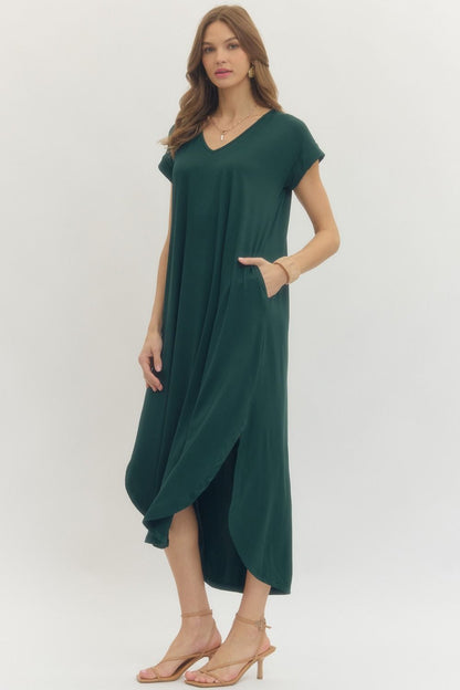 Entro Solid Jersey Knit V-Neck Maxi Dress - Hunter Green