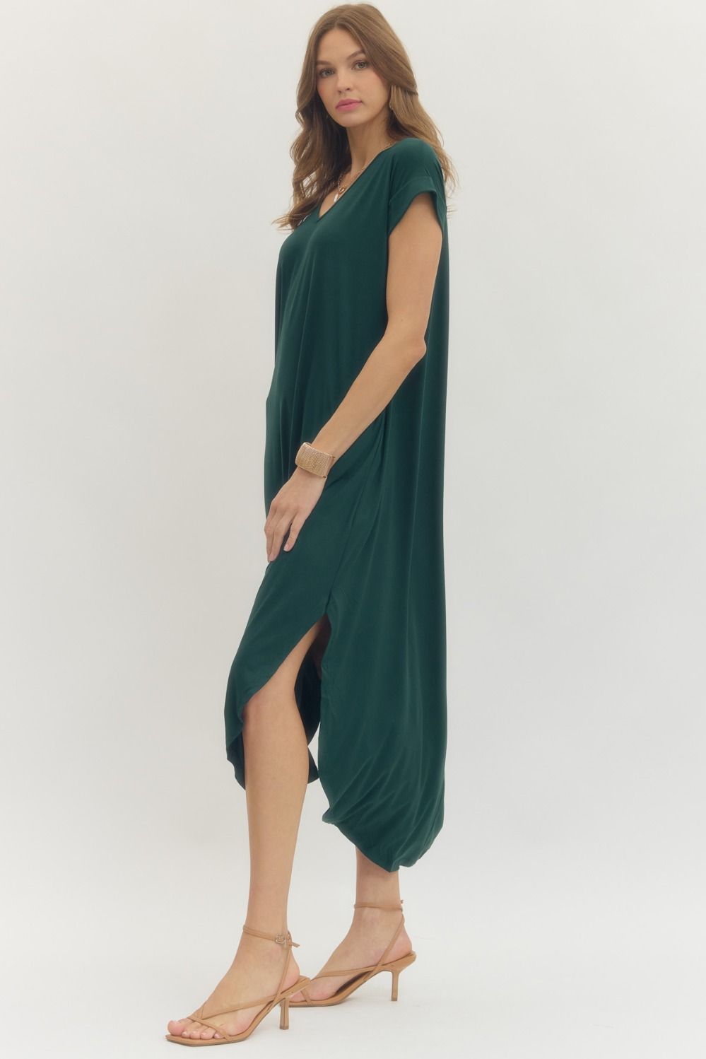 Entro Solid Jersey Knit V-Neck Maxi Dress - Hunter Green