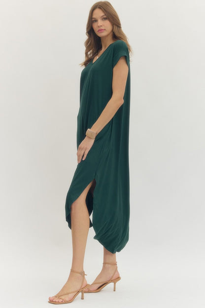 Entro Solid Jersey Knit V-Neck Maxi Dress - Hunter Green