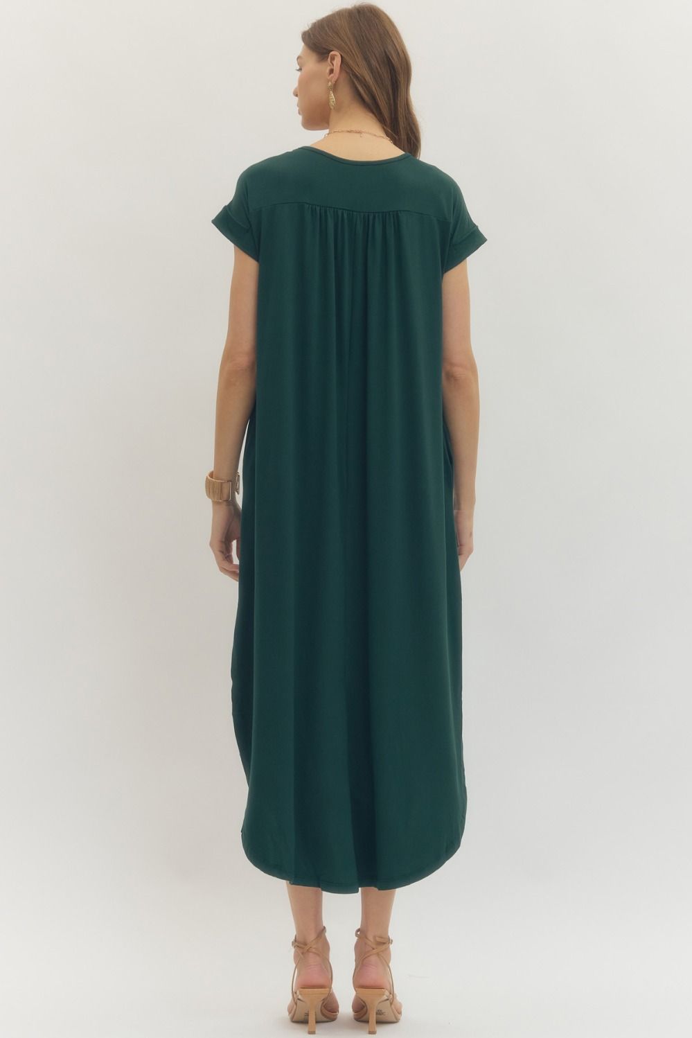 Entro Solid Jersey Knit V-Neck Maxi Dress - Hunter Green