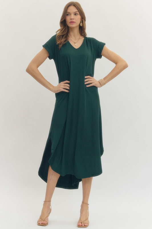 Entro Solid Jersey Knit V-Neck Maxi Dress - Hunter Green